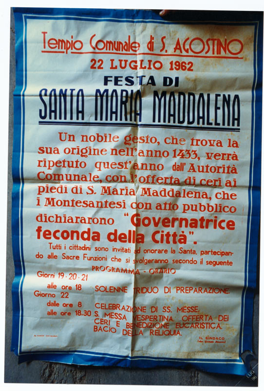 Manifesto di Festa di Santa Maria Maddalena del 22 Luglio 1962. Foto Bruno Grandinetti. Archivio Economato.
